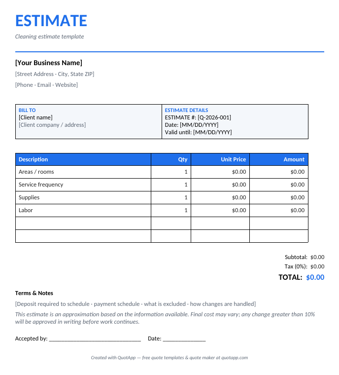 Cleaning estimate template preview — itemized estimate with industry line items