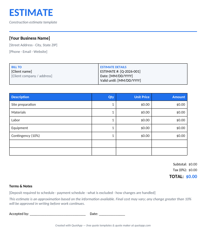 Construction estimate template preview — itemized estimate with industry line items