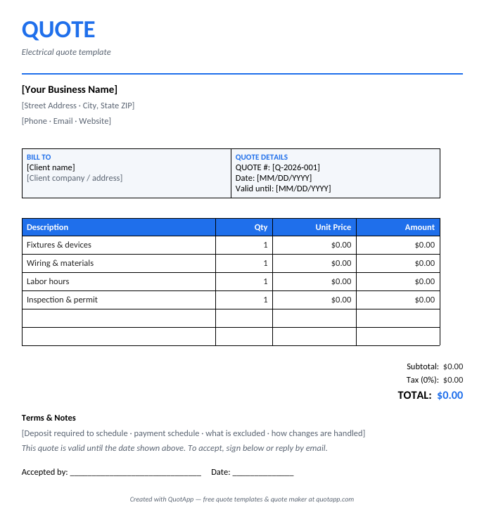 Electrical quote template preview — itemized quote with industry line items