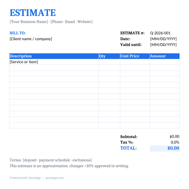 Free estimate template preview — itemized costs, contingency and total