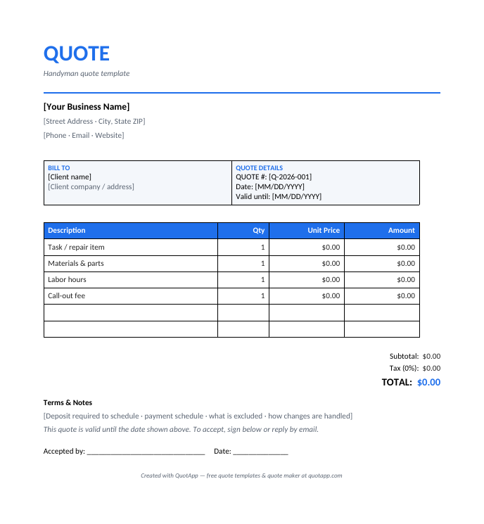 Handyman quote template preview — itemized quote with industry line items