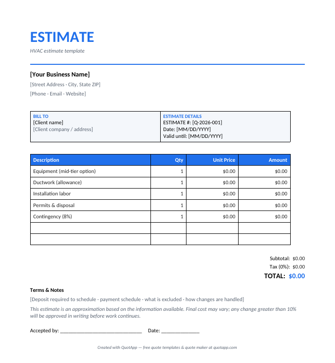 HVAC estimate template preview — itemized estimate with hvac line items