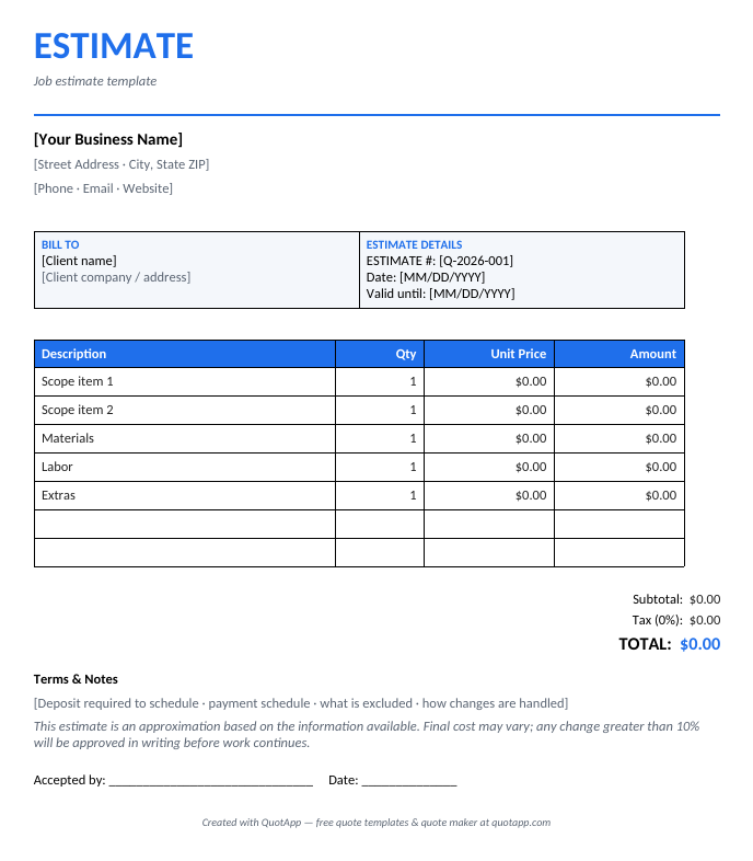 Job estimate template preview — itemized estimate with industry line items
