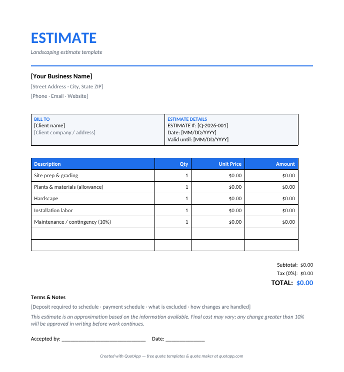 Landscaping estimate template preview — itemized estimate with landscaping line items
