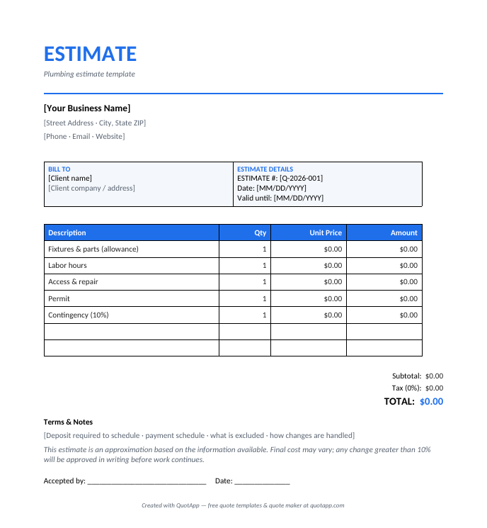 Plumbing estimate template preview — itemized estimate with plumbing line items