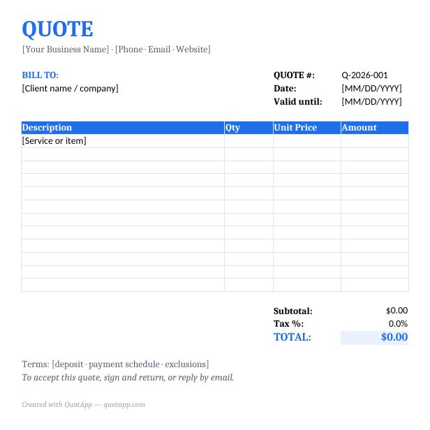 Free quote template preview — professional layout with line items, taxes and total