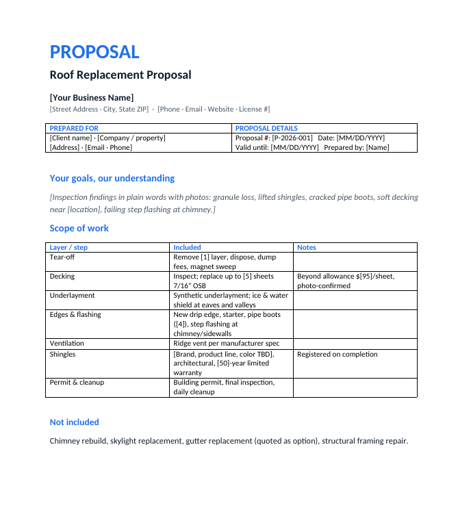 Roofing proposal template preview